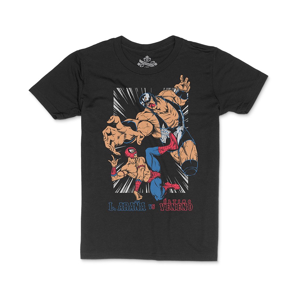 ​Playera negra de luchadores mexicanos inspirada en héroes del multiverso arácnido Artissan